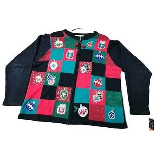 Vintage Christmas Sweater Women's XL Victoria‎ Jones Cardigan Full Zip Ornaments